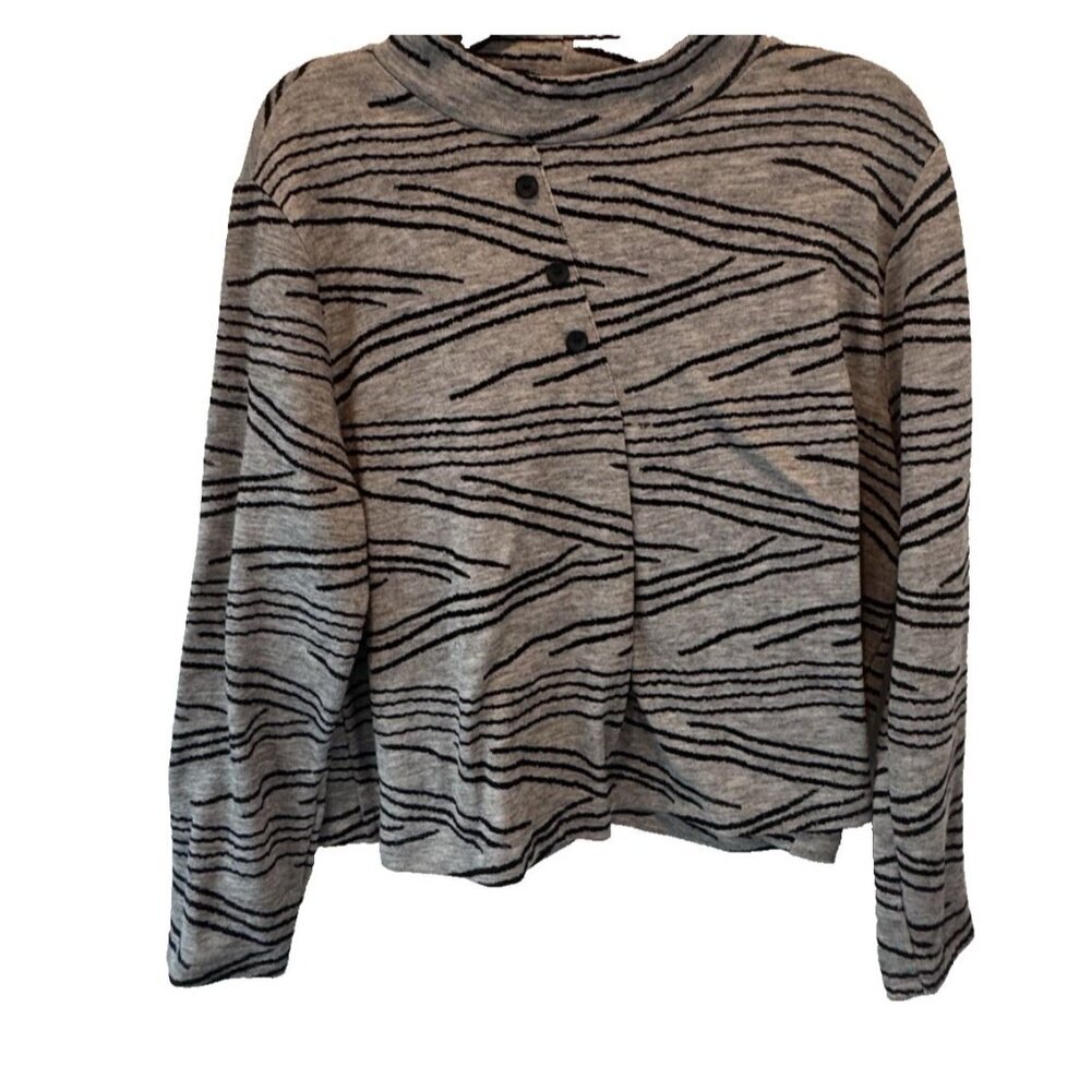 Trisha Tyler Gray Black Lines Mock Neck Pullover Knit Top XL Artsy Unique